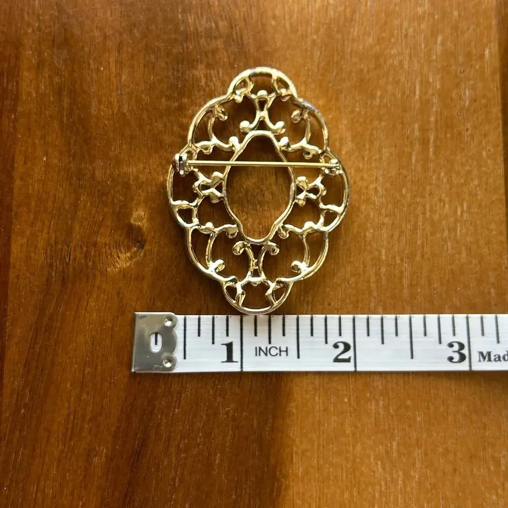 Vintage Gold Tone Openwork Filigree Brooch – Ornate Scrollwork Statement Pin